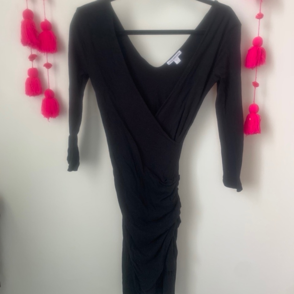 James Perse asymmetric side ruched, open back, deep-V, bodycon knee-length dress